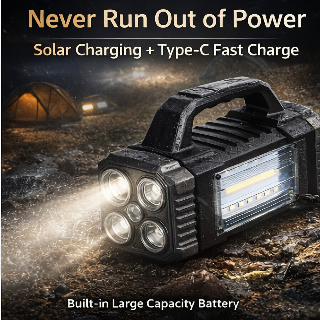 Camping Lantern, Rechargeable LED Light, Flashlight, 3 Light Sources, Solar Light with USB-C Fast Charging, Portable Camping Light, 6 Modes, High-Brightness Floodlight, Emergency Light