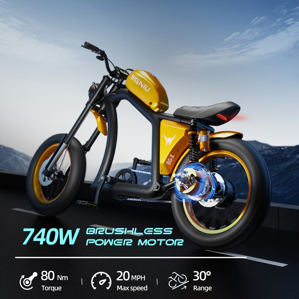 BIGNIU BG-X电动公路自行车，时速最高20英里，740W电机，48V电池，31.5Ah容量，配备20英寸越野轮胎，续航里程可达40英里
