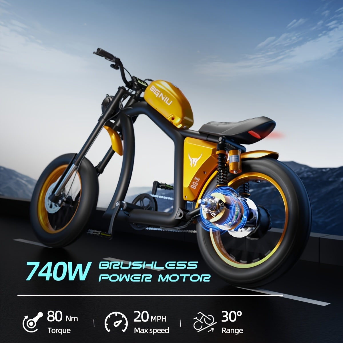 BIGNIU BG-X电动公路自行车，时速最高20英里，740W电机，48V电池，31.5Ah容量，配备20英寸越野轮胎，续航里程可达40英里