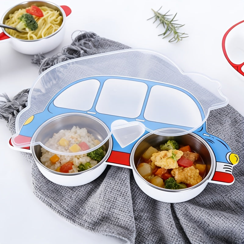1 Set Divided Car-Shaped Tray Set with Lid & 2 Stainless Steel 304 Bowls, Cartoon Car Tray with Lid, Drop-Proof Home Cartoon Dinnerware, Unbreakable Tray, Kids‘ Cutlery Set
