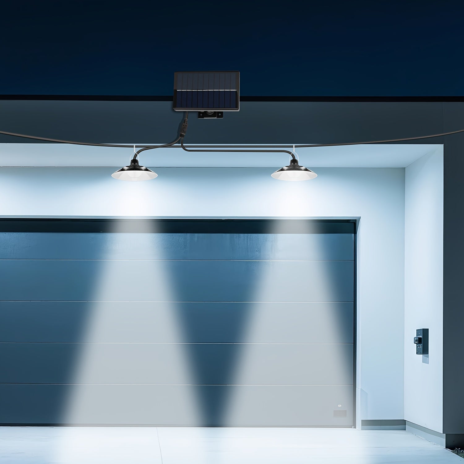 Dual-Head Hanging Light, Solar Powered, Indoor/Outdoor Universal - Classic Barn Style with On/Off Sensor - Perfect for Patio, Garage, Kitchen and Living Room