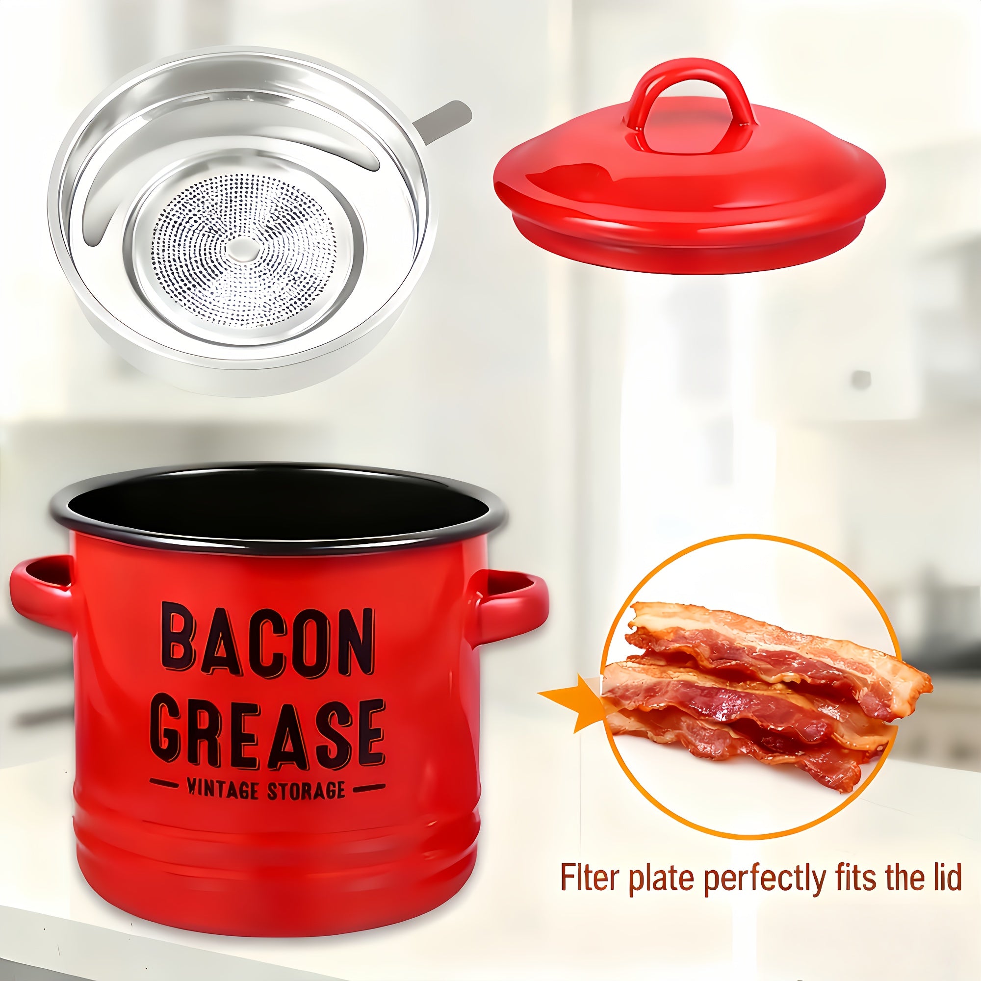 Grease Storage Can with Lid, Safe Pour Spout and Handle, Kitchen Cooking Oil Filter Storage Container, Household Frying Oil & Cooking Oil Filter Pot, Essential for Home Kitchen