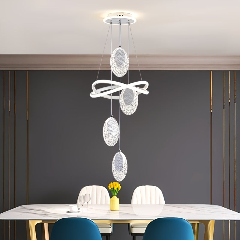 Modern LED Indoor Pendant Light with 4 Oval Disc-Shaped Pendants, 3-Color Temperature Adjustable Lighting Fixture
