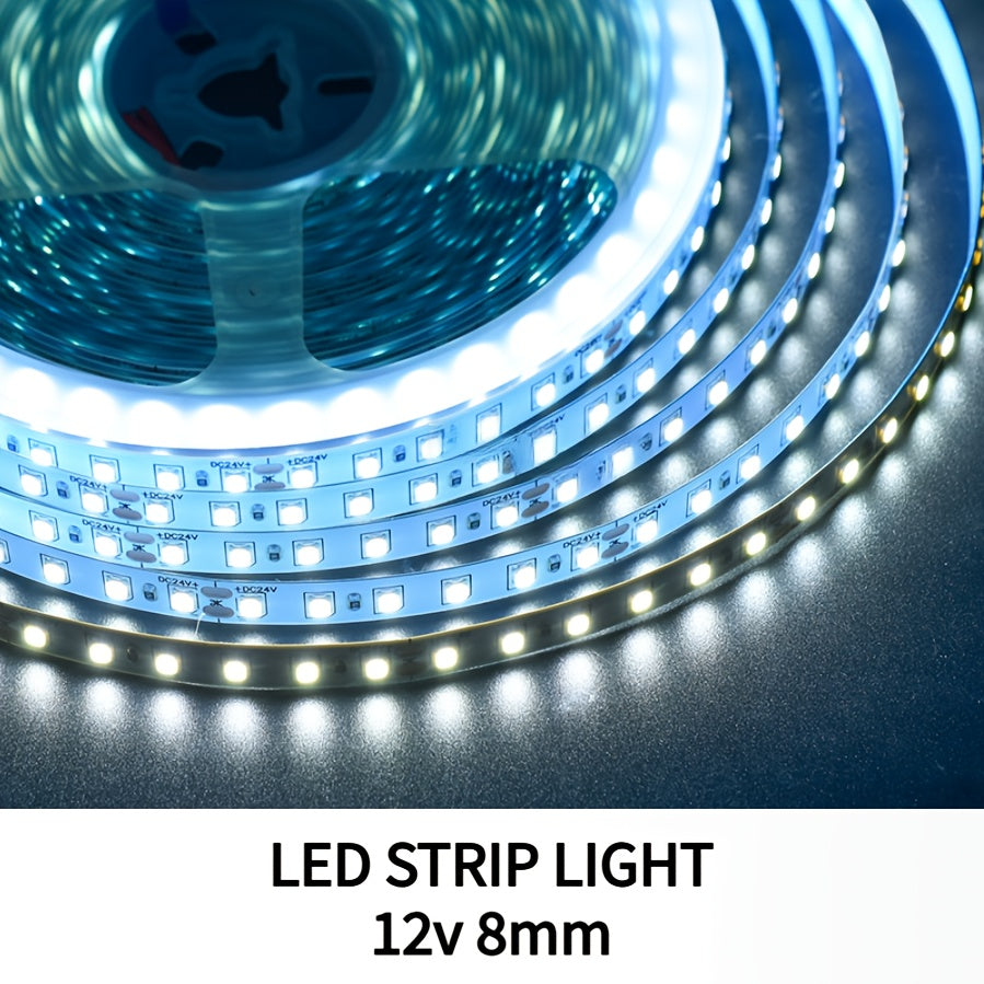12V LED灯带，8毫米线性，高密度柔性灯带，每米120颗灯珠，适用于厨房、楼梯、房间装饰照明。白光/中性光/暖光，不防水（不含12V电源）