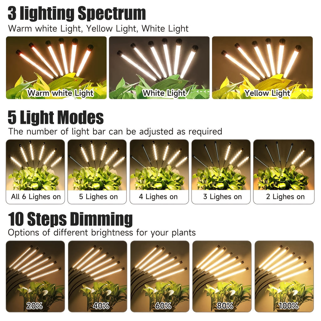 Triangle Stand Strip Plant Grow Light, 5-Head Rotatable Gooseneck Dimmable Timing Plant Light, 2.1m Height with USB Cable, Adjustable Brightness & Height, High Lumen, Indoor Supplemental Grow Light for Living Room
