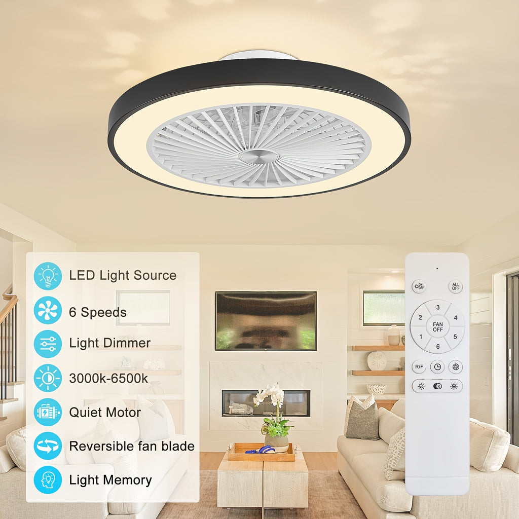 Low Profile Flush Mount Ceiling Fan with Light, 6-Speed Dimmable Bladeless Reversible Fan Light, Suitable for Bedroom, Dining Room, Living Room, Kitchen