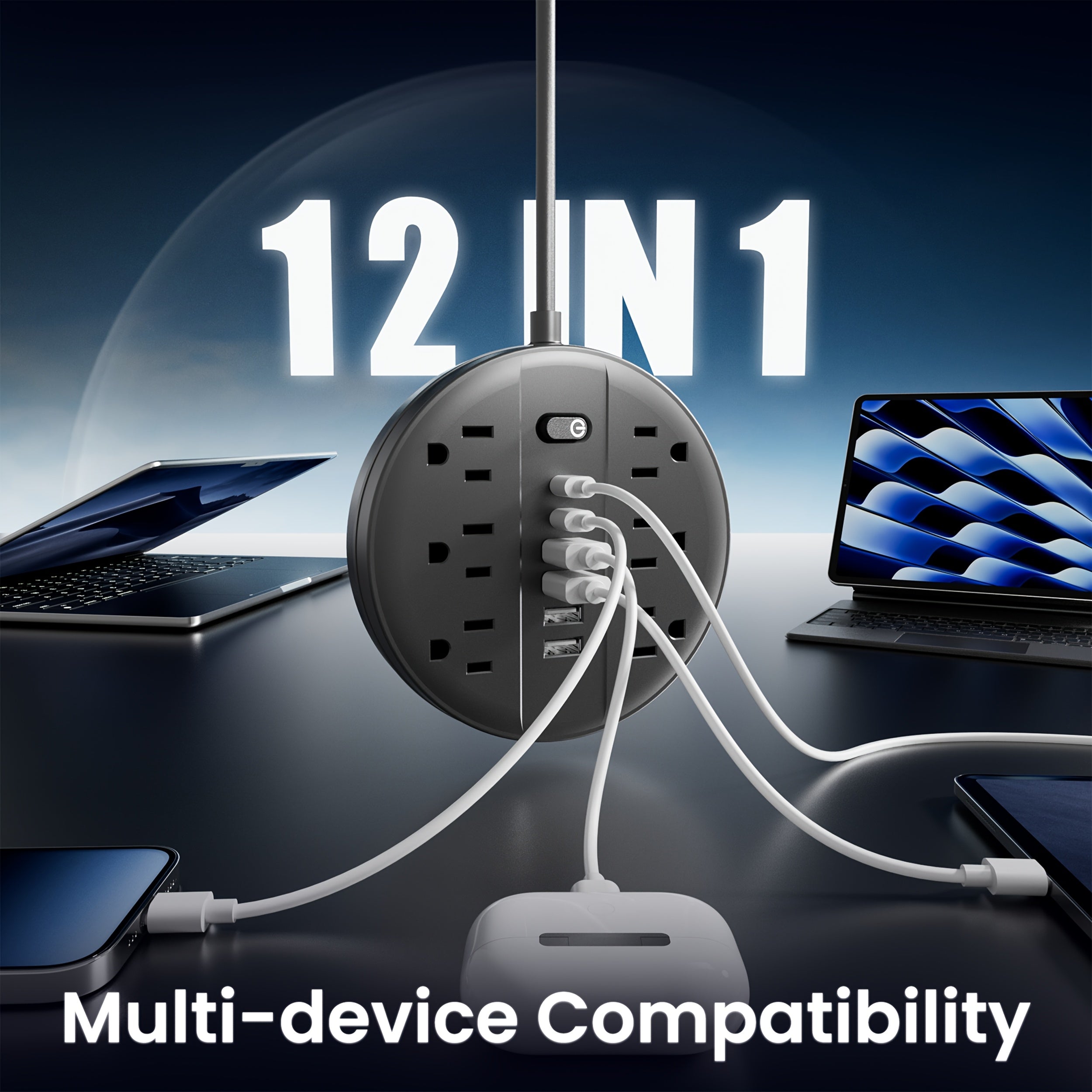 1pc 12-in-1 Multi-functional Power Socket With Surge Protector, 6 AC Outlets, 4 USB Outlets And 2 Type-c Ports. Wall-mountable Power Extension. Portable And Compact Design. Suitable For Home, Office And School. In White And Black.
