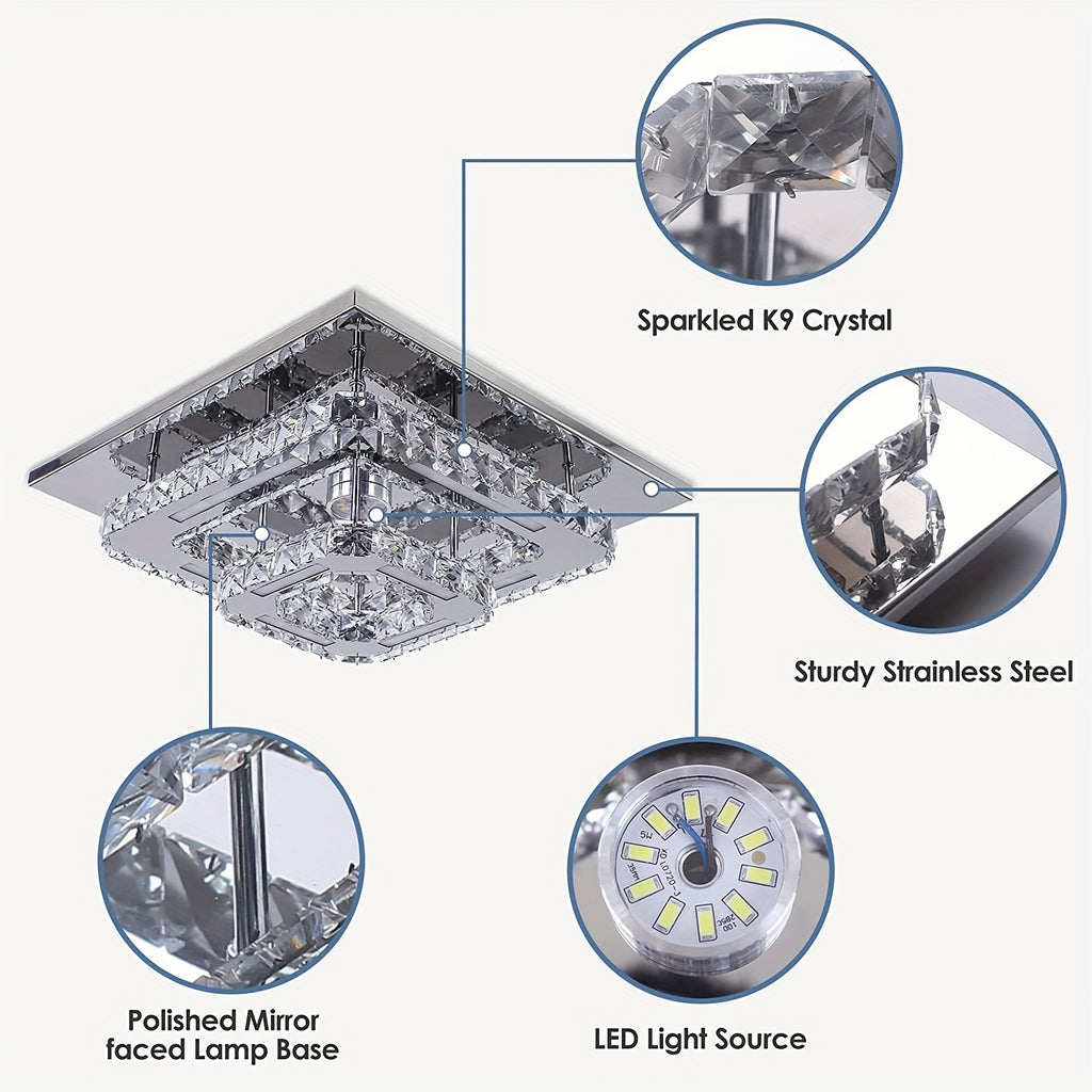 12-Inch Crystal Chandelier Wall Mount Ceiling Light Square Modern LED Pendant Light Kitchen Hallway Bedroom Ceiling Light Cool White Light