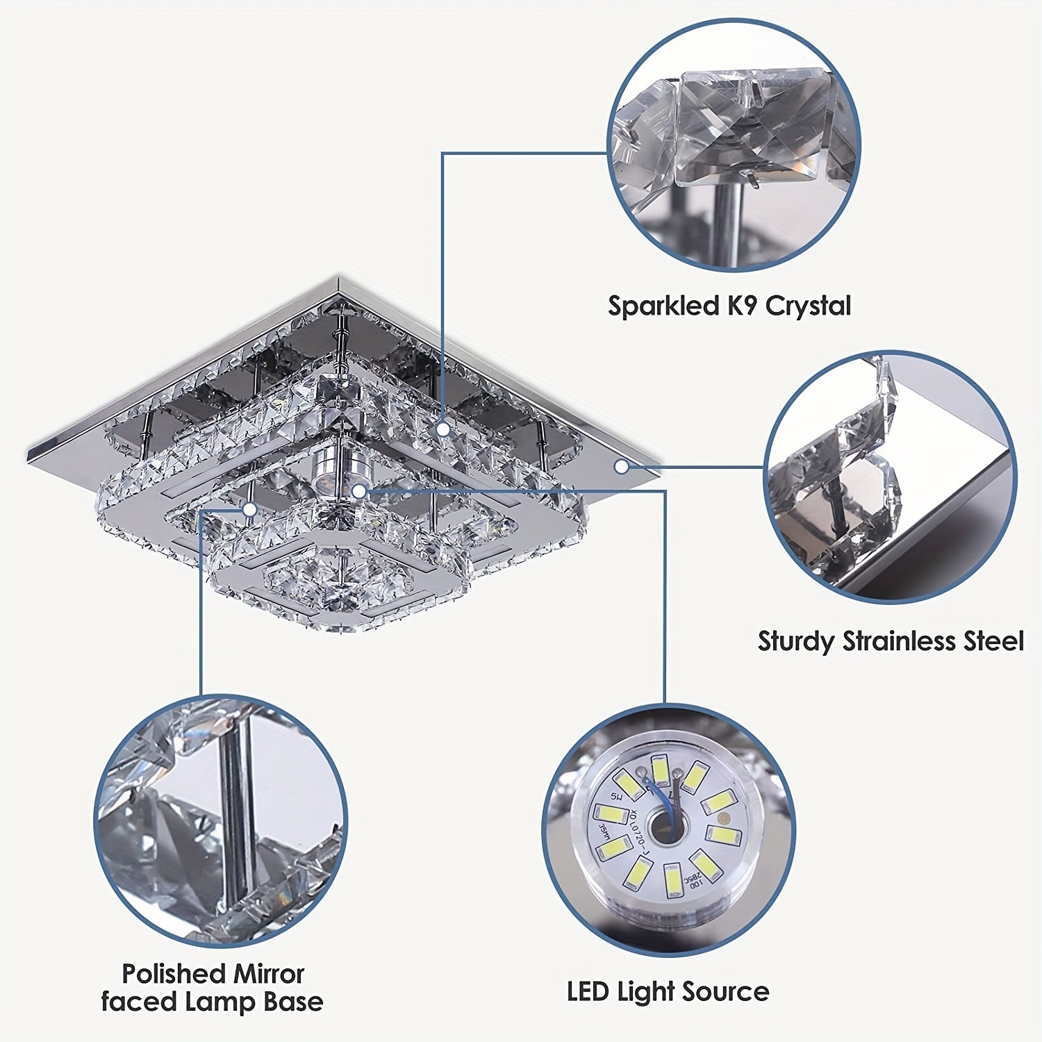 12-Inch Crystal Chandelier Wall Mount Ceiling Light Square Modern LED Pendant Light Kitchen Hallway Bedroom Ceiling Light Cool White Light