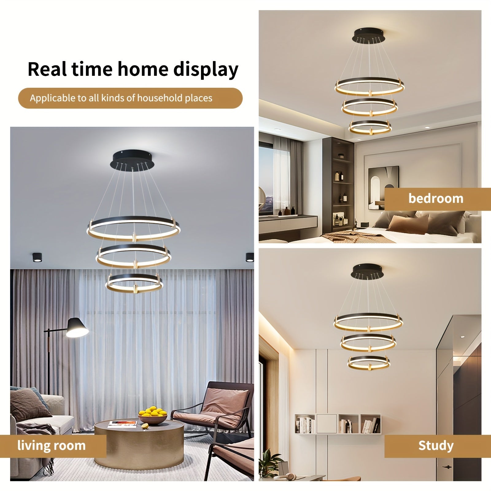 Modern LED pendant light, 90W dimmable modern LED black pendant light, 3-ring acrylic hanging pendant lighting fixture, kitchen island, dining room, living room, bedroom, foyer