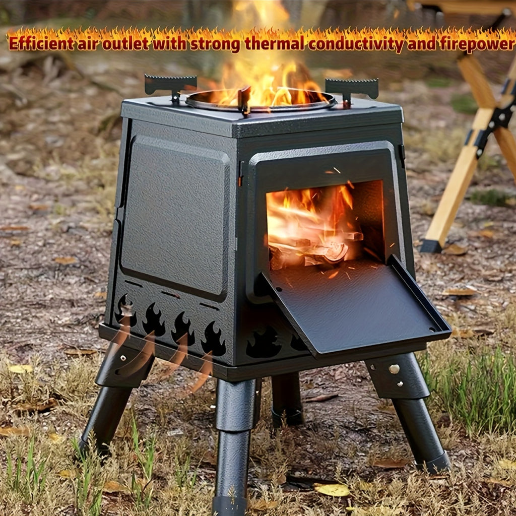 [Christmas Outdoor Ambience Heater] Black Steel Multi-Fuel Camping Stove – Efficient Heat Transfer + Portable Design – Serves as Both Heater & Decorative Piece. Black Steel Body Fits Christmas Warm-Toned Decor