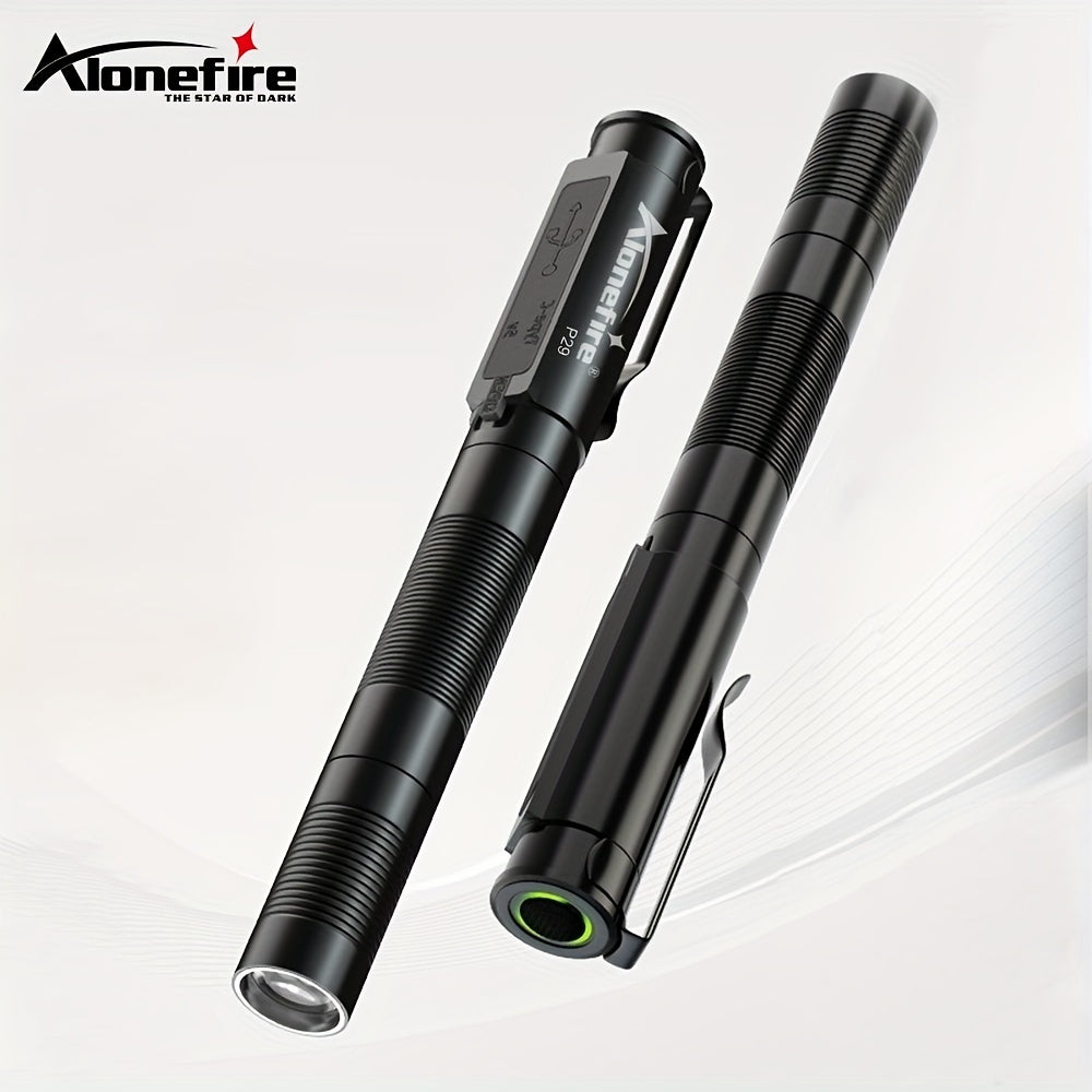 1 Alonefire P29 Mini USB Rechargeable LED Flashlight, Built-in Battery, USB Zoom Light, 3 Modes (High/Low/Strobe), Adjustable Beam & Pupil Detection, Portable Design for Camping, Hiking & Emergency – Pen-Style Flashlight