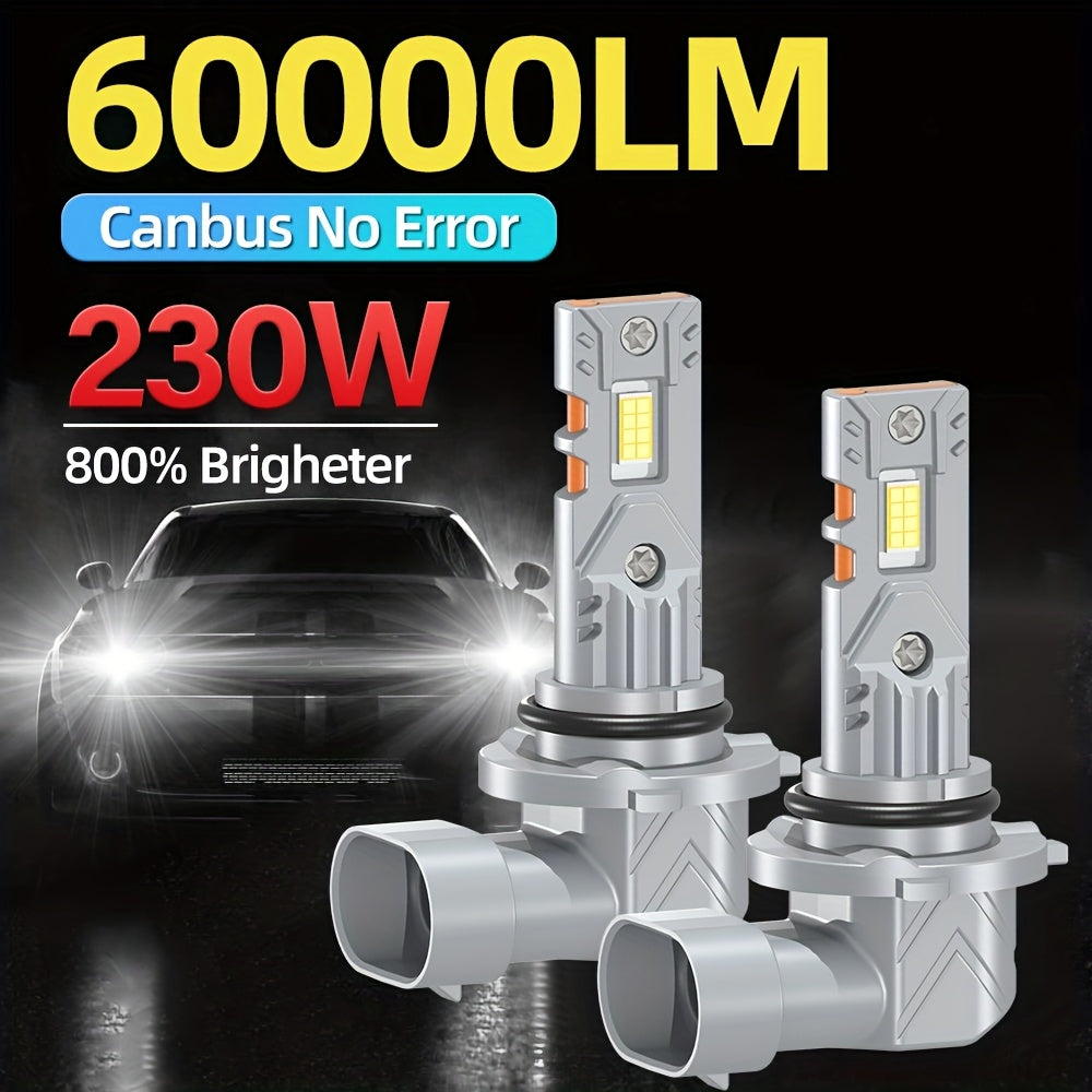 2 LED Headlight Bulbs, Compatible with 9005/HB3, 9006/HB4, H1, H4, H7, H11 Models, 60000 Lumens Super Bright High/Low Beam, Supports CANBUS Error-Free Technology, 800% Brightness Increase, 6000K Cool White Light, Plug-and-Play