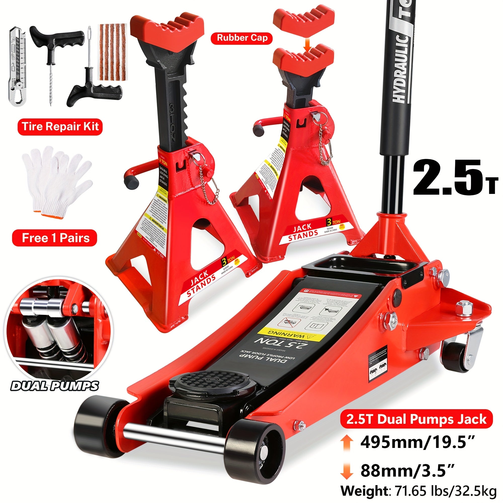 2/2.5/3 Ton Capacity Low-Profile Garage Hydraulic Jack Combo Kit, Optional: 2 Ratchet-Type 3-Ton Jack Stands, Tire Repair Tool Kit, 14-Inch Lug Wrench, Wheel Chocks for SUV/Sedan/Truck