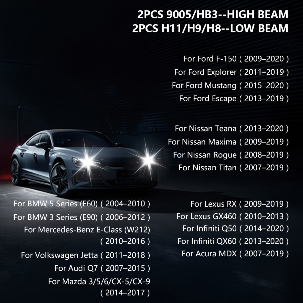 4-Pack, 2Pcs 9005 + 2Pcs H11, H4 Car LED Headlights, H7 LED Bulbs, 120,000 Lumens, Low/High Beam, H1, H4/9003/HB2, H7/H18, H8/H9/H11/H16, 9005/HB3, 9006/HB4, 9012/HIR2, 12V/24V, with External Driver, No Battery Needed