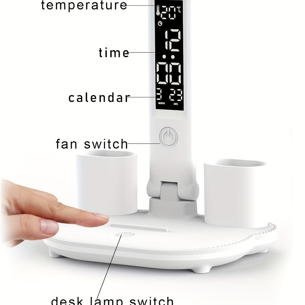 Folding Desk Lamp with Fan & Clock, USB Rechargeable