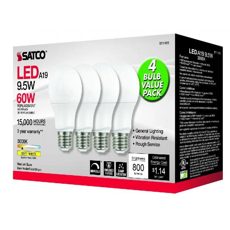 Satco S11415 9.5瓦 A19 LED；3000K；可调光；中型底座；230度光束角度；4件装
