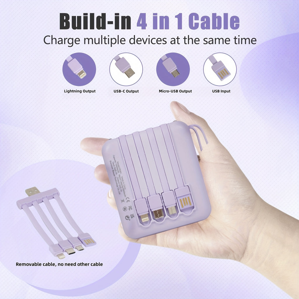 This Stylish And Compact 10, 000Mah Portable Power Bank Features Fast Charging at 5W, 15W, And 22.5W, with a Real-Time Battery Display And a Convenient Lanyard Design. It Includes a Bright LED Light And Comes with a Detachable 4-In-1 Cable