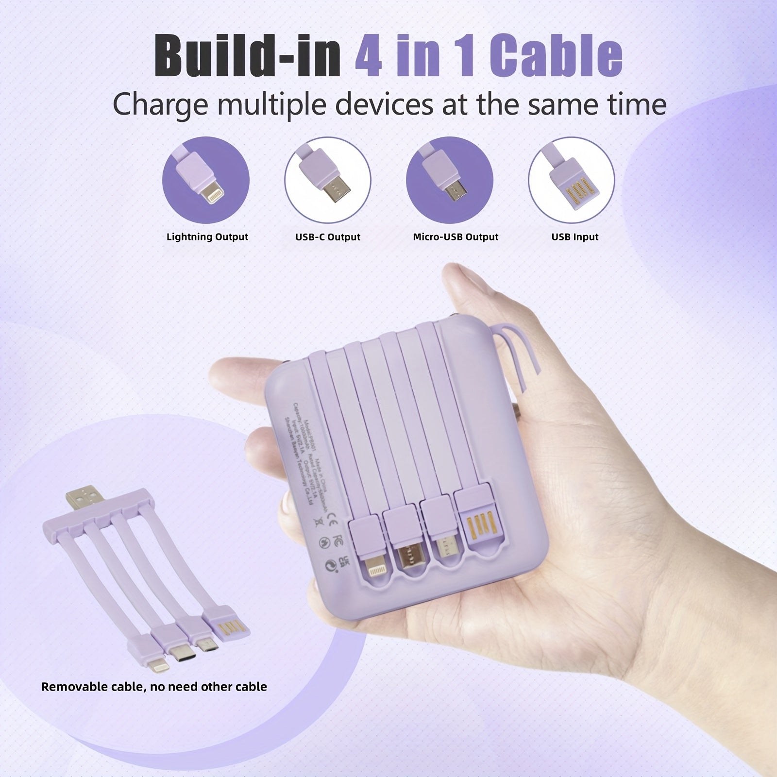 This Stylish And Compact 10, 000Mah Portable Power Bank Features Fast Charging at 5W, 15W, And 22.5W, with a Real-Time Battery Display And a Convenient Lanyard Design. It Includes a Bright LED Light And Comes with a Detachable 4-In-1 Cable