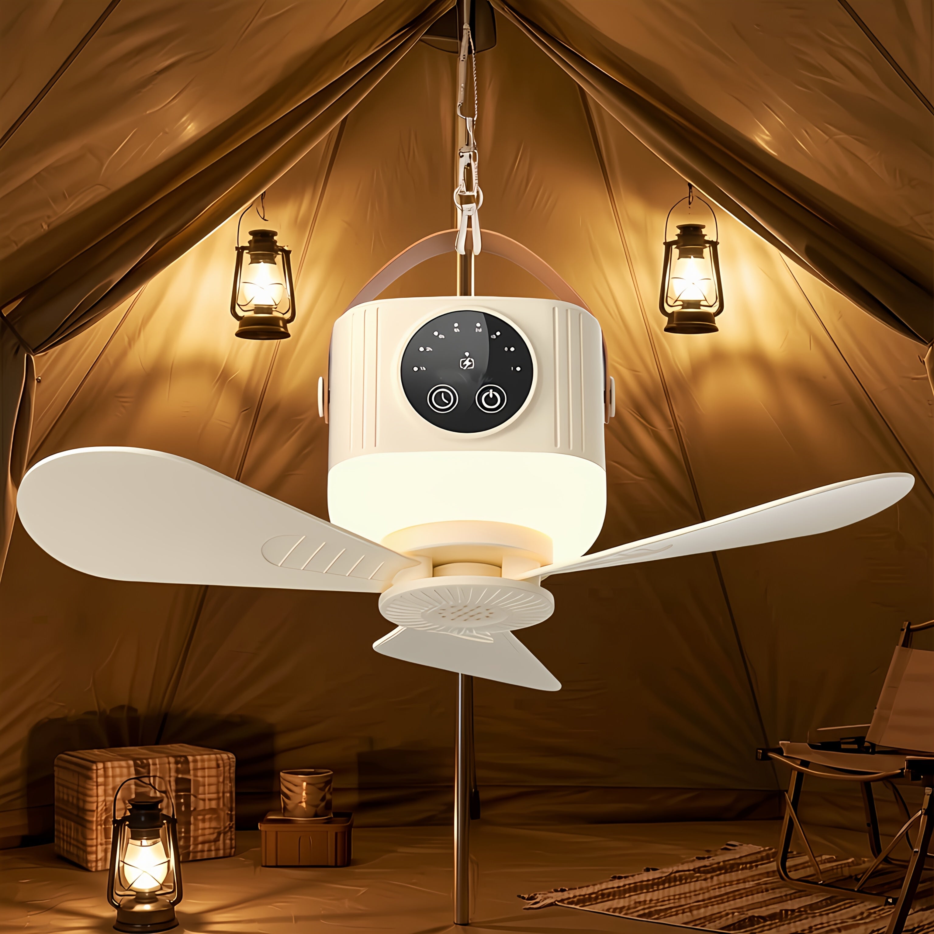 1 Pack Rechargeable Camping Fan Light, 3 Warm Light Modes, Outdoor Patio &amp; Indoor Bedroom Bedside Lamp, Hanging/Stand Mountable, Multi-Function Camping Light with Fan, Remote Control, Ideal for Summer, RV, Truck, Roof Tent, Travel and Camping
