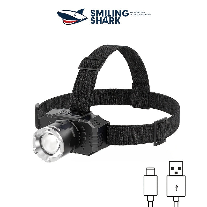 SMILING SHARK Rechargeable Headlamp, Super Bright XHP50 LED Core, USB Charging Cable Included, Zoomable Focus Adjustable, Hands-Free Design with Detachable Headband