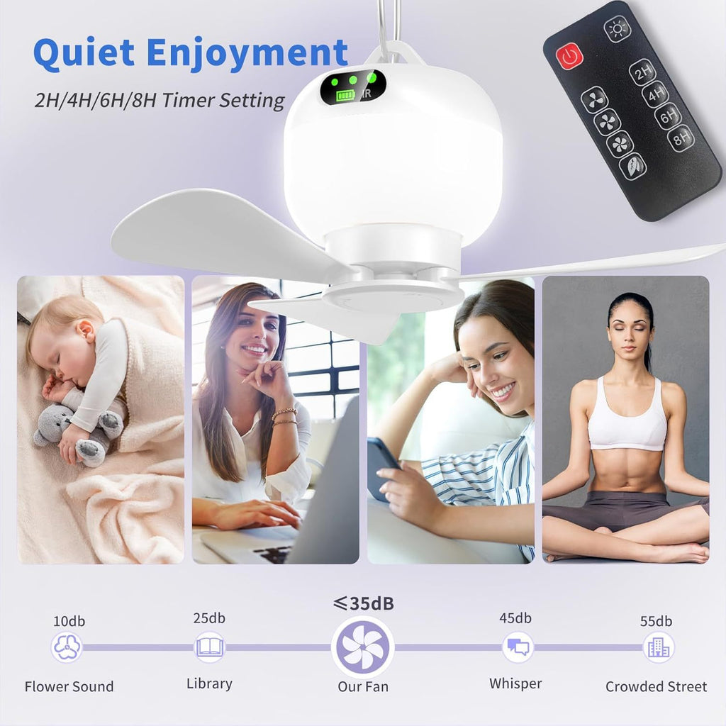 Small Portable Ceiling Fan with Remote, Rechargeable Mini Tent Camping Fan, 8000mAh Battery Powered Canopy Fan Light, Suitable for Pavilion, Umbrella, Patio, RV