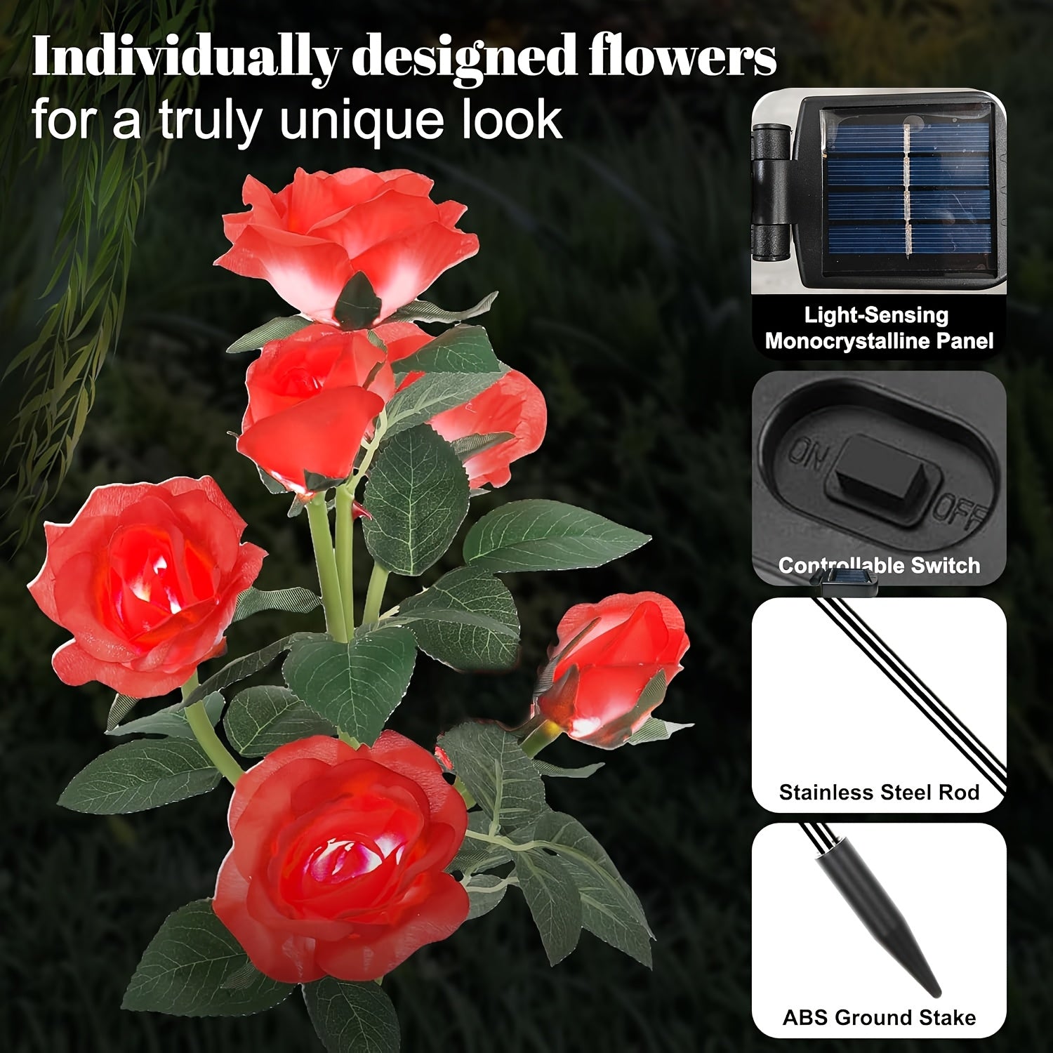 1/2-Piece Solar 6 Red Rose Lights, Simulated Flower Light, Rose Lawn Light, Night Light Landscape Garden Suitable for Courtyard Outdoor Lawn Decorative Light Home Decoration Flower Christmas, Halloween, Mother's Day, Valentine's Day