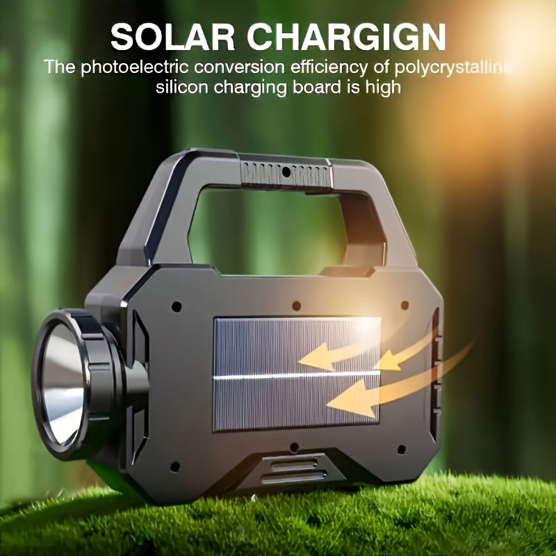 One Rechargeable Portable Solar Flashlight, Multi-Functional Handheld Light, Emergency Flashlight, Rechargeable, Can Be Used as a Power Bank for Mobile Phones, Ideal for Camping & Fishing