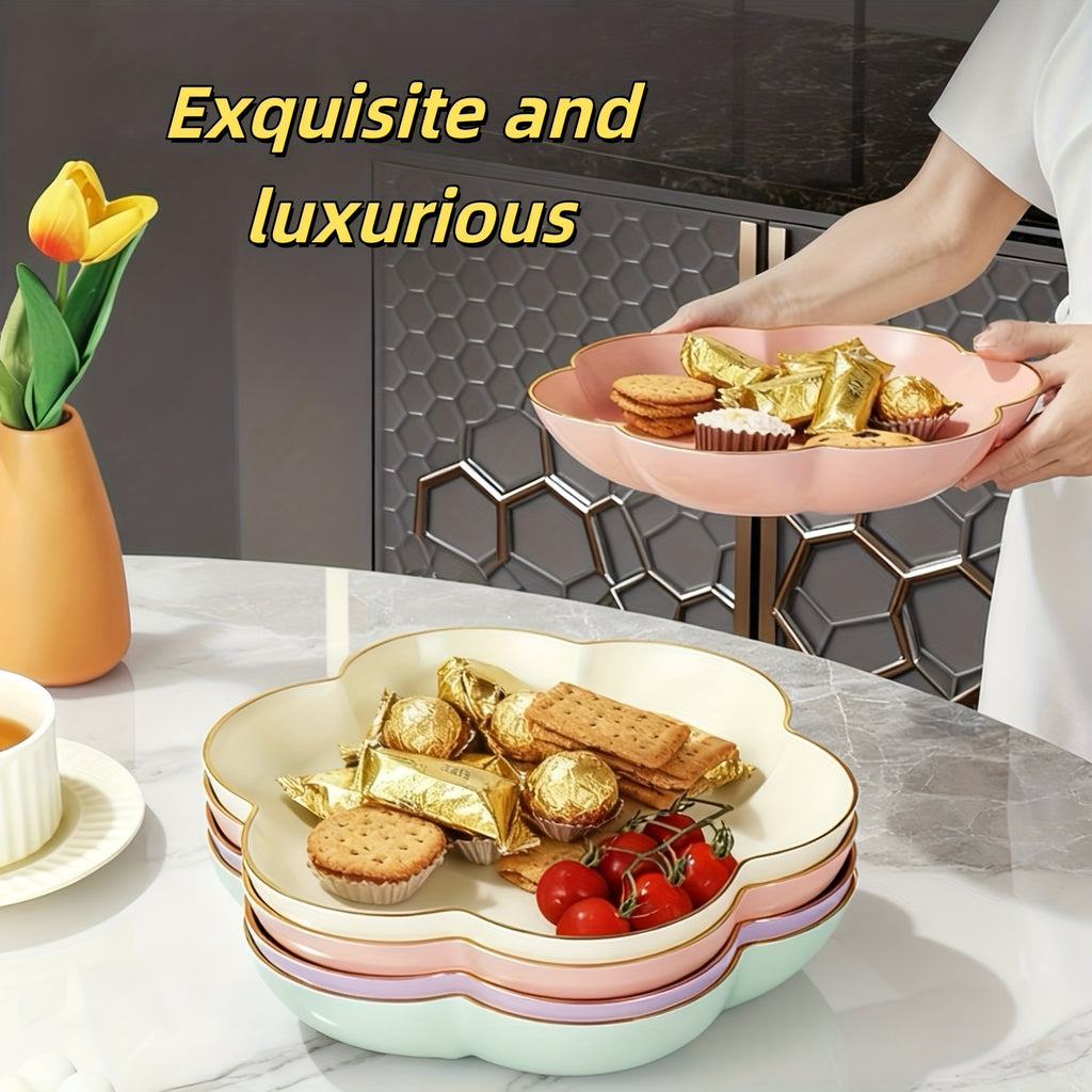 3-Piece Gold Rim Floral Fruit Bowl & Cake Stand Tray Set, New Year Candy Tray – Perfect for Afternoon Tea or Party Food, Outdoor, Hotel – Ideal for Living Room Decor, Family Dinner Table Fruit Bowl, Dessert Plate