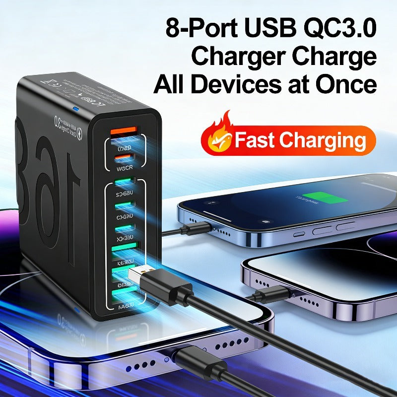 8-USB Smart Charger with QC3.0+PD Fast Charging Compatible for iPhone 17/16/15/14/13/12/11/XS/XR/Plus & Samsung, Voltage Adapter (-240) for Home & Travel, Smart Device Charging Station for Smartphones/Tablets/Electronics