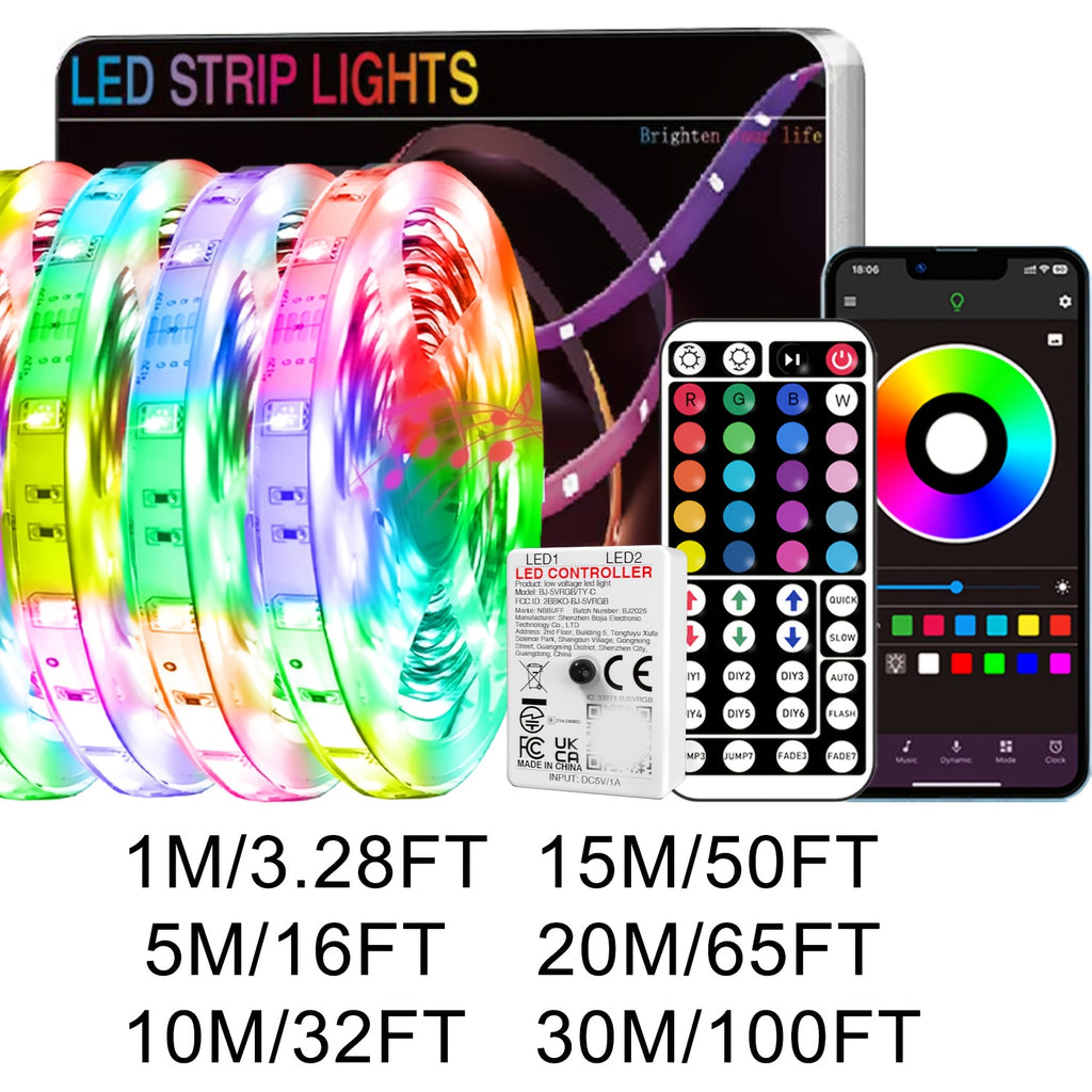 NBBUFF 3.28-100英尺智能电子LED灯带，USB供电RGB灯带，房间装饰照明，支持APP和遥控，定时功能，音乐同步，1600万种颜色，64+种场景模式，适用于卧室、电视、电脑背光、万圣节、圣诞节、派对及婚礼装饰