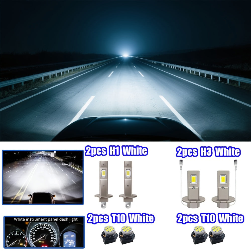 2Pcs H1/H3 + 2Pcs T10 LED Headlight Bulb Upgrade Kit, 20000 Lumens 6500K Color Temperature 500W High/Low Beam, CSP Chip, Fanless Mini Turbo Cooling, Universal with Canbus Decoder, Easy Installation