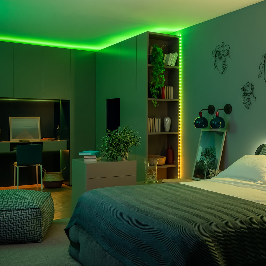 NBBUFF 加长版 LED 灯带，智能房间装饰 RGB 灯条，通过 App 和遥控器控制，带定时、音乐同步、多种场景和 1600 万色，适用于卧室、客厅天花板、万圣节、派对、节日礼物