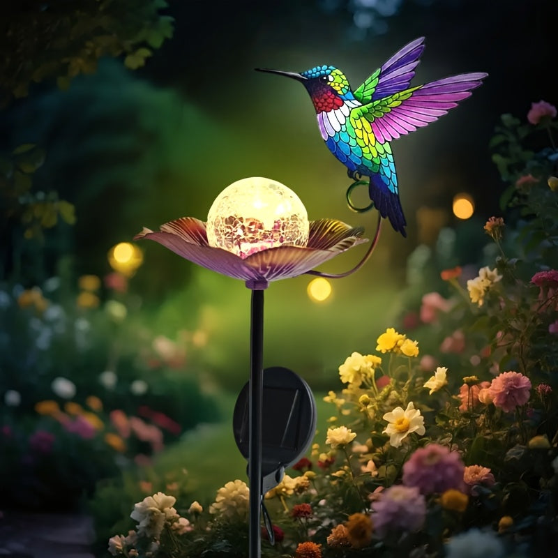 Hummingbird Glass Globe Flower Solar Outdoor Light, Beautiful Hummingbird Decorative Light, Fun Hummingbird Flower Glass Globe Light