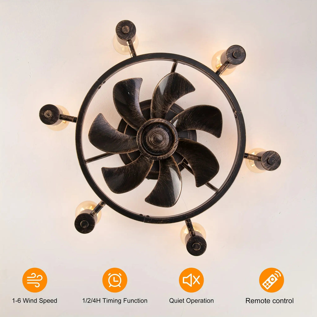 20 Inch Low Profile Flush Mount Ceiling Fan with Light - Remote Control, 6-Speed Quiet Motor, Timer Function, Reversible Fan & Light Control, Industrial Farmhouse Style for Bedroom, Bronze Finish with Grid Design