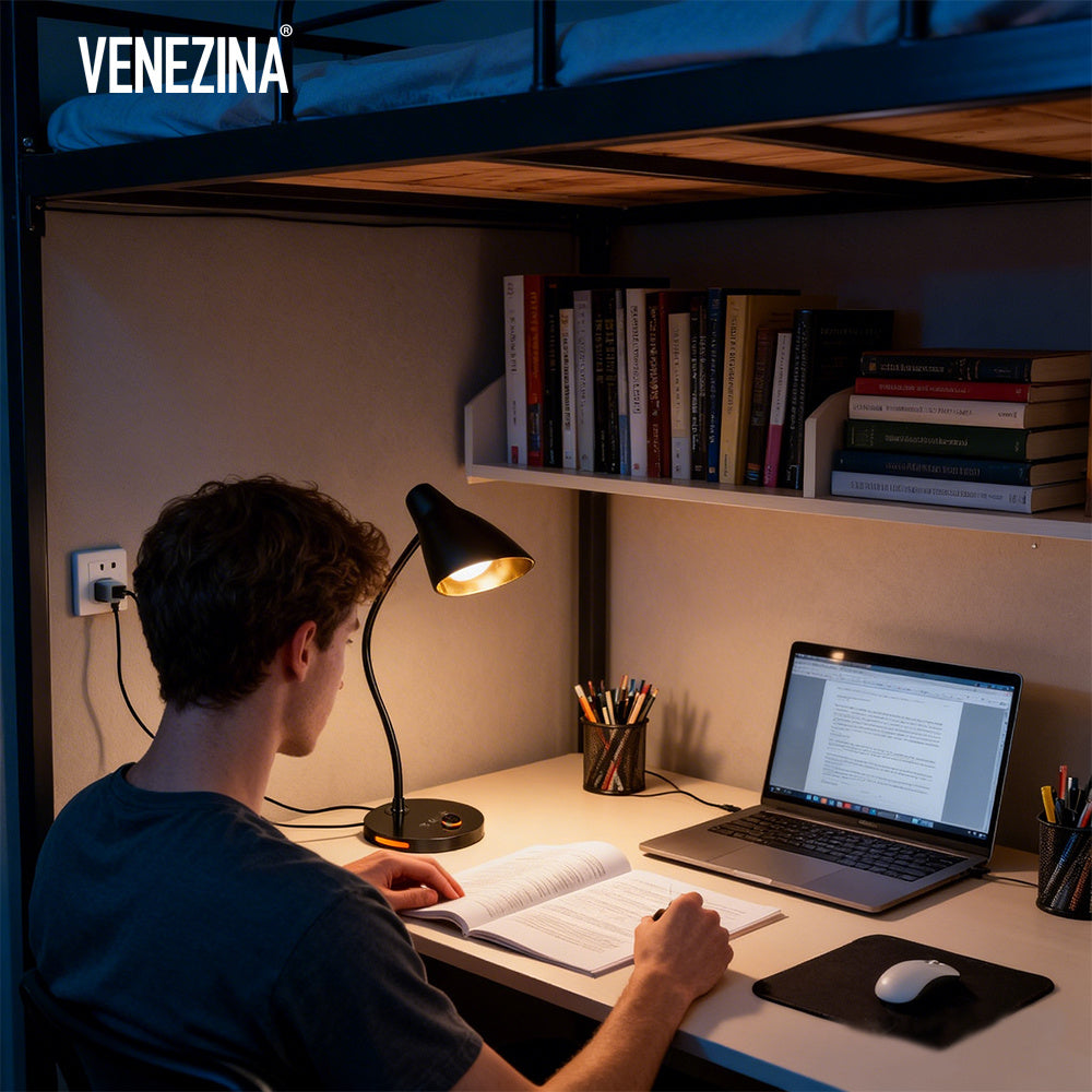 Student dormitory upgraded stepless dimming desk lamp USB plug-in model, 3 color temperature adjustment, knob brightness adjustment, upgraded night light function, gooseneck for easy storage, suitable for office lighting