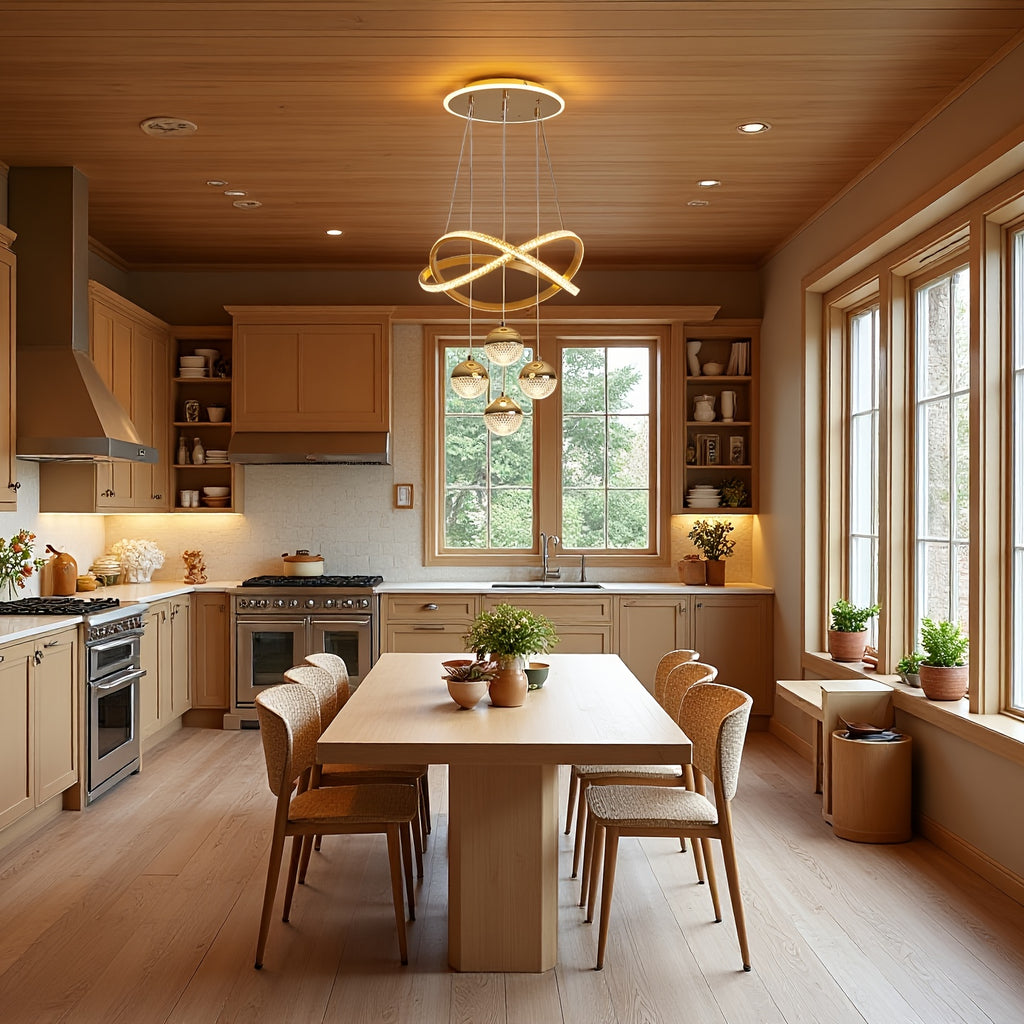 Stylish pendant light with four spherical lamp heads and a ring light, three color temperatures, height adjustable, suitable for dining room, bedroom, villa, living room, study