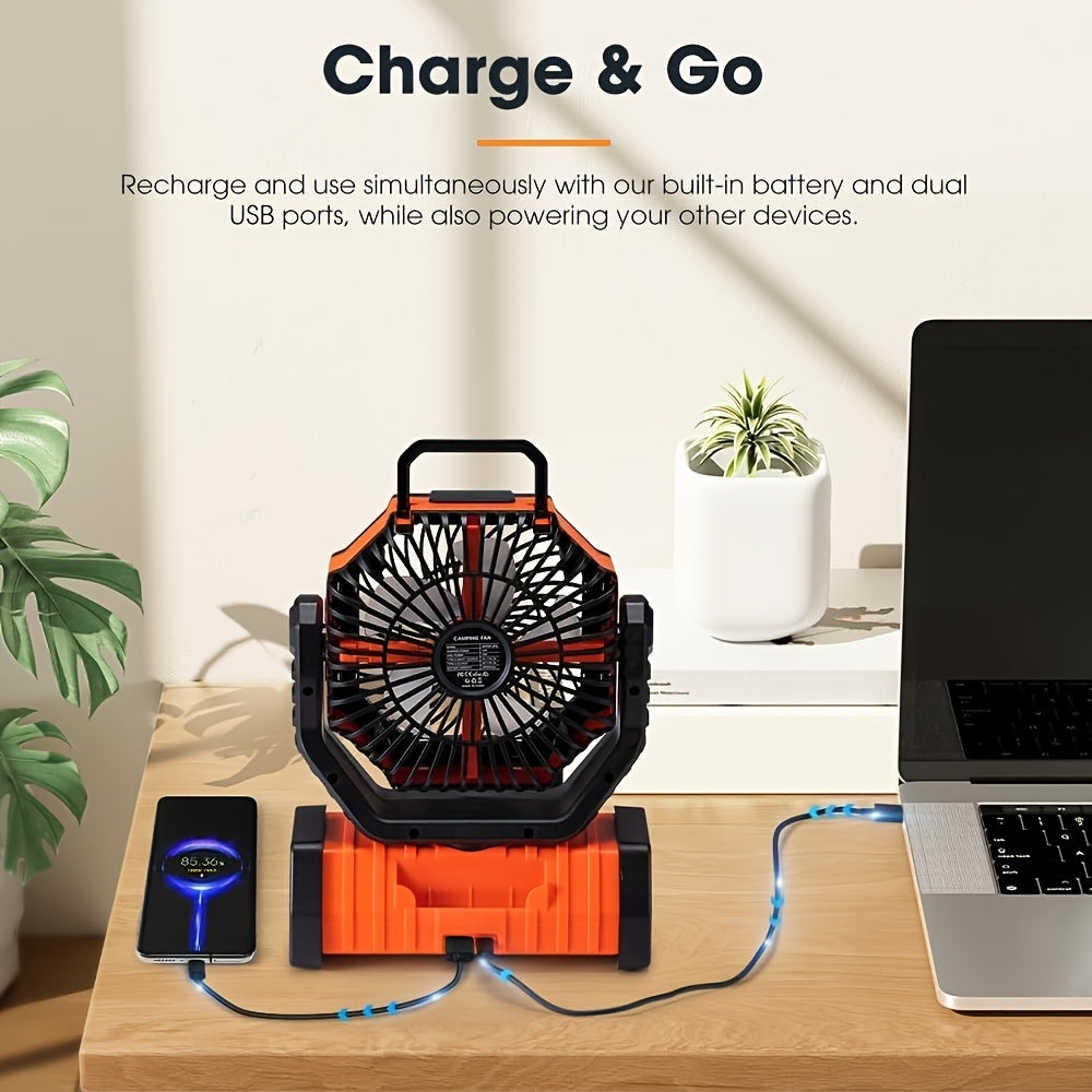 3-in-1 Rechargeable Fan with Charging Lighting and Fan Function, Battery Powered Camping Fan, Portable LED Lantern Camping Fan, 4 Speed Rotatable Rechargeable Fan for Tent, BBQ and Travel Use