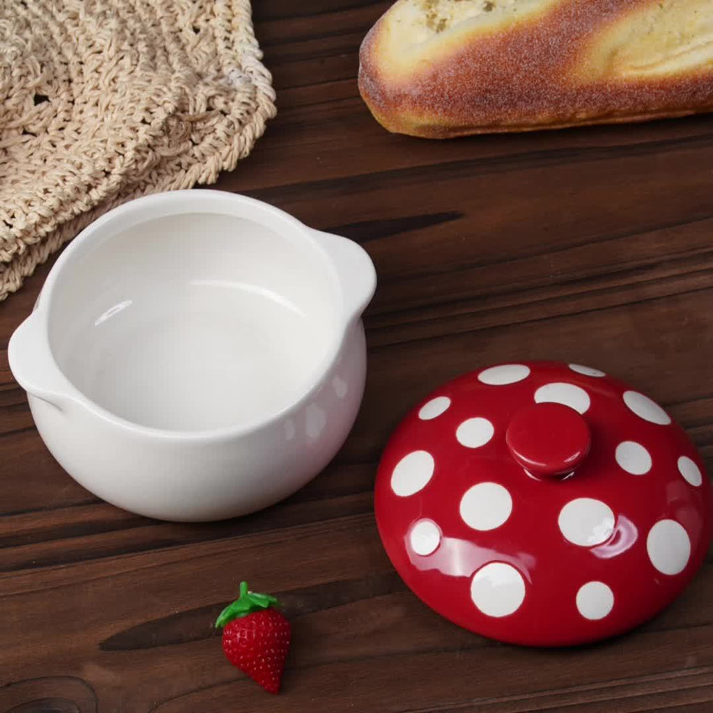 1 pc, Red Mushroom Bowl with Handle, Ceramic Soup Bowl with Lid, Porcelain Soup Pot for French Onion Soup, Pot Pie, Cereal, Chilled Storage, Pasta, Beef Stew, Microwave & Oven Safe
