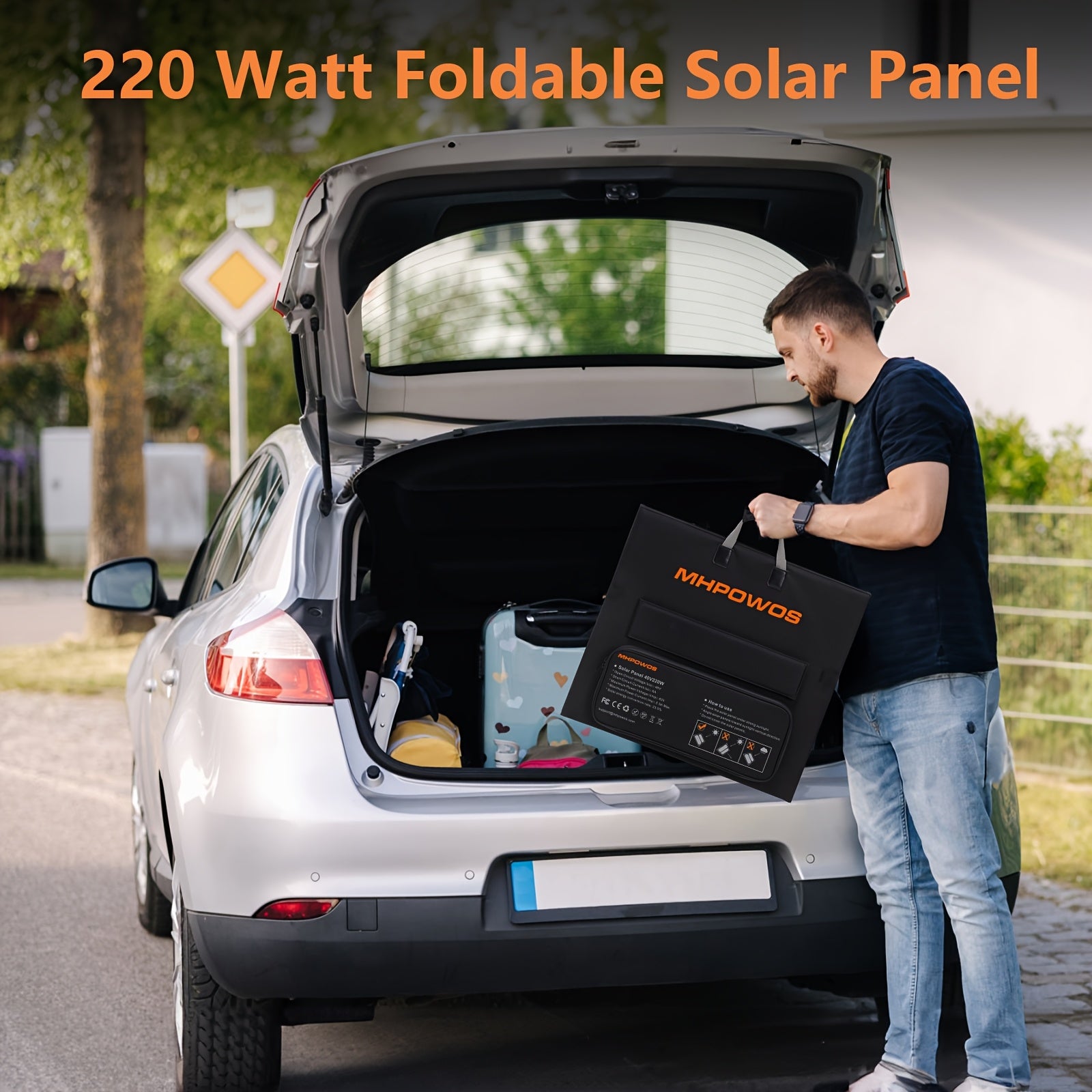 220瓦行動式太陽能發電板，適用於露營電源站，露營必備品，220W 40V可摺疊太陽能板配太陽能線，23.5%高效發電，帶4個支架，適用於露營房車停電時使用。萬聖節秋季主題