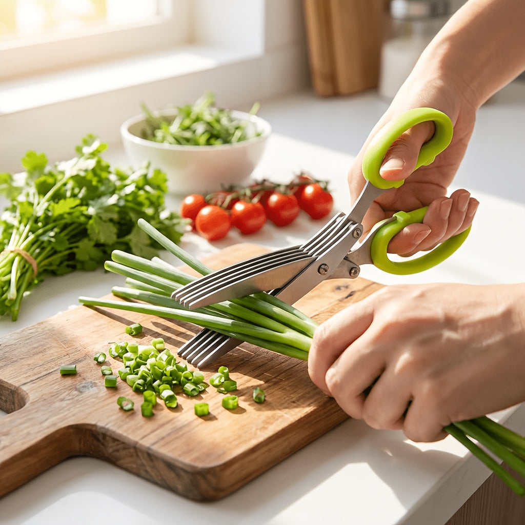 5-Layer Stainless Steel Kitchen Scissors - Multifunctional Onion & Herb Chopper, Suitable for BBQ & Indoor Use, with Protective Cover & Built-in Cleaner, Durable