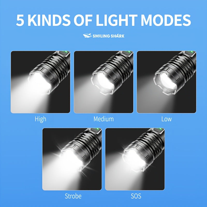 1Pc/2Pcs/3Pcs SMILING SHARK Rechargeable Flashlight, Super Bright Handheld Light, LED Torch, Zoomable High-Light Flashlight, Telescopic Design, Ultra-Long Battery Life, 5 Lighting Modes, Ideal for Home Emergency Hiking Travel SD5404