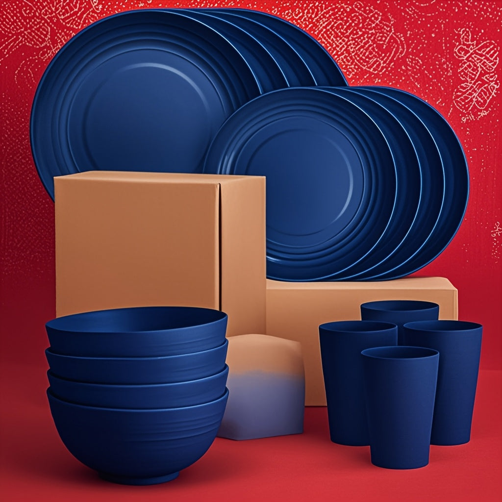 16-Piece Blue Dinnerware Set for 4 Persons – Includes Dinner Plates, Bowls & Cups – Microwave & Dishwasher Safe – Perfect for Christmas, New Year, Valentine‘s Day, Kitchen, Outdoor Camping, RV & Picnics