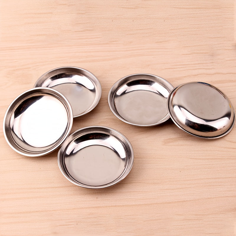 5-Piece Set Stainless Steel Round Mini Plates – Small Dip Tray, Flat Bottom Seasoning Dish – Perfect for Kitchen & Dining – Durable & Easy to Clean – Ideal Choice for Dipping Sauces