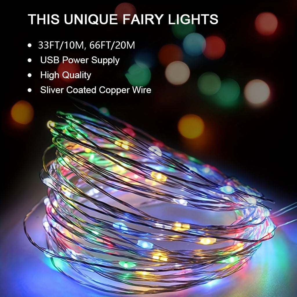 200 LED 仙女灯串，66FT/20M，100 LED 版本为 33FT/10M，USB 供电灯串，银色线材，非常适合在卧室中营造星空氛围，用于圣诞节、婚礼、派对或户外窗户装饰