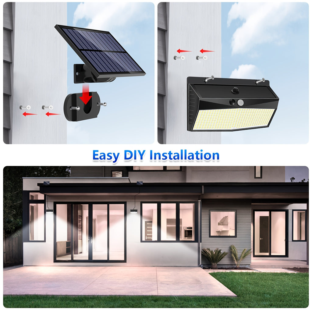 1 Outdoor Solar Light with 368 LEDs, Motion Sensor Light, IP65 Waterproof Rating, Porch and Garden Wall Light, with 3 Working Modes, Exterior Wall Light for Garage Front Door Fence, Cool White Light, with 16.4FT Cable, Also Suitable for Indoor