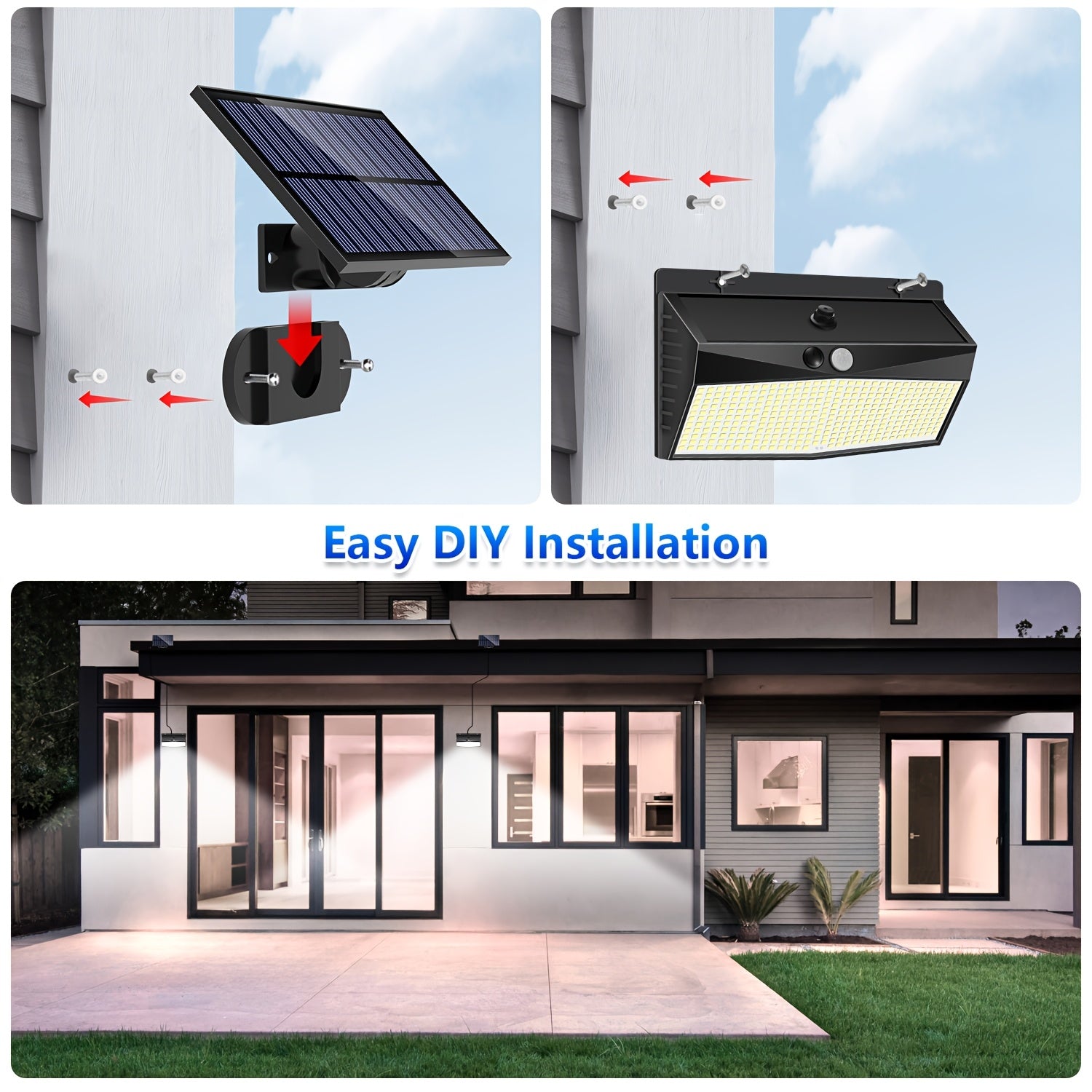 1 Outdoor Solar Light with 368 LEDs, Motion Sensor Light, IP65 Waterproof Rating, Porch and Garden Wall Light, with 3 Working Modes, Exterior Wall Light for Garage Front Door Fence, Cool White Light, with 16.4FT Cable, Also Suitable for Indoor