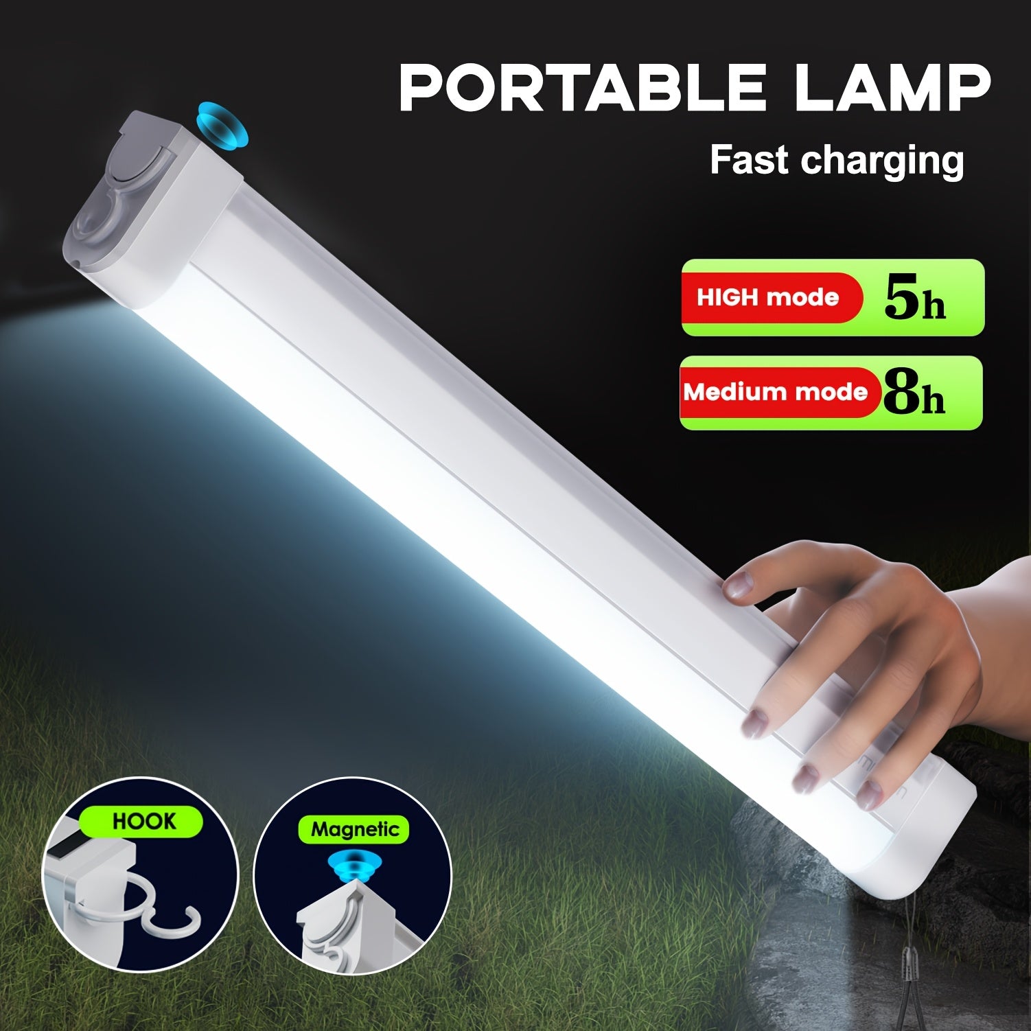 Rechargeable portable lighting lamp, long battery life, with hook, hands-free, suitable for car repair, garage lighting, camping, emergency power outage lighting, night fishing, night climbing and many other dark scenarios