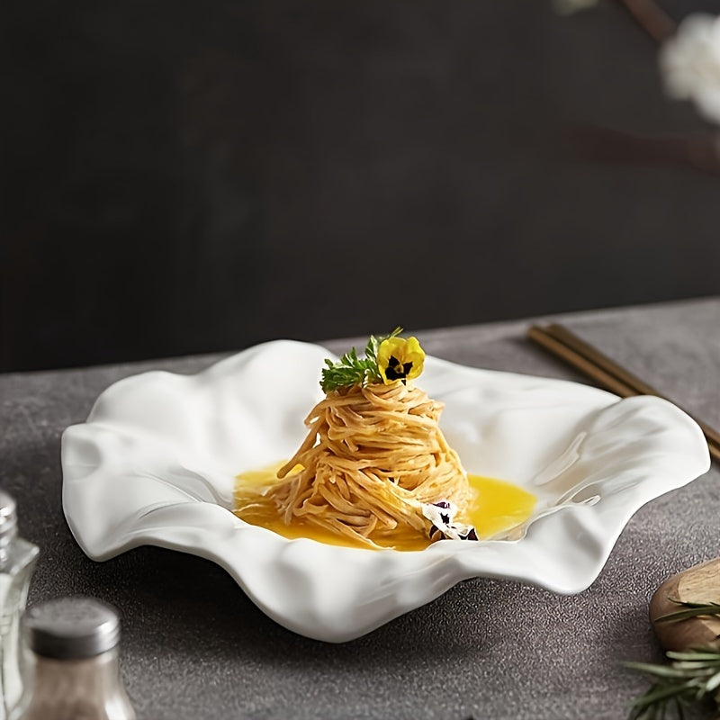 1 pc, Creative Pleated White Ceramic Dinner Plate, Hotel Serving Plate, Pasta Plate, Dessert Plate, Restaurant Commercial Plate, Dessert Tray, Sashimi & Sushi Platter