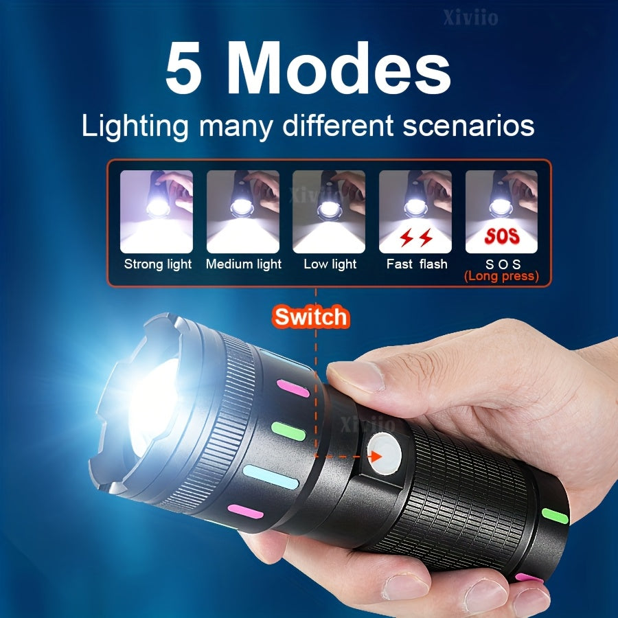 Multifunctional Flashlight 91, 5000 Lumens, 300m Beam, Dual Switch, 6 Modes, Type‑C Rechargeable, 4800mAh, IPX7 Waterproof, for Camping Hiking Emergency